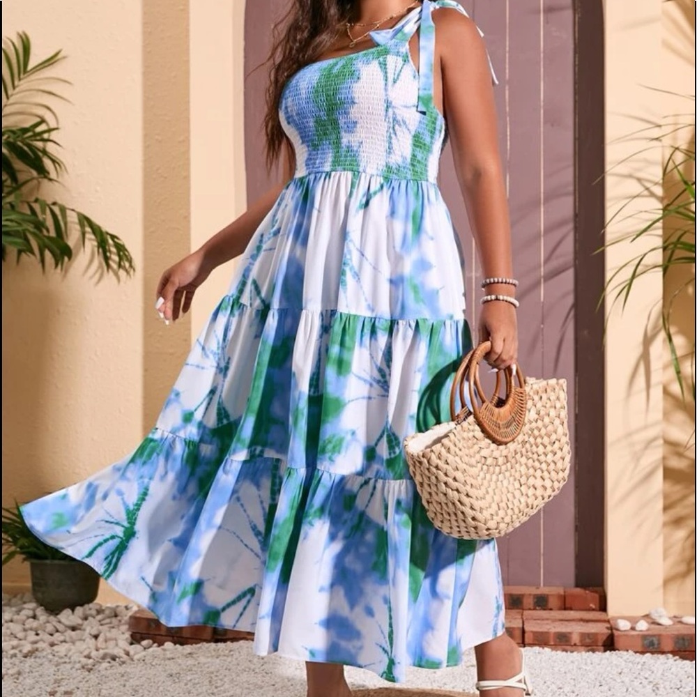 Boho Plus Size Tie Dye Print One Shoulder Maxi Dress - Picture 2 of 4